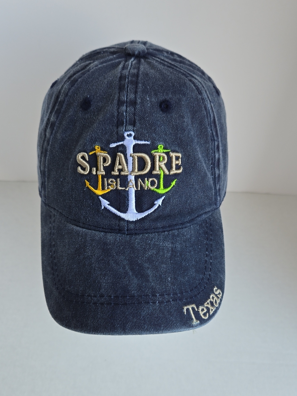 Lucky 7 South Padre Island Texas Embroidered Distressed Denim Baseball Hat Unise